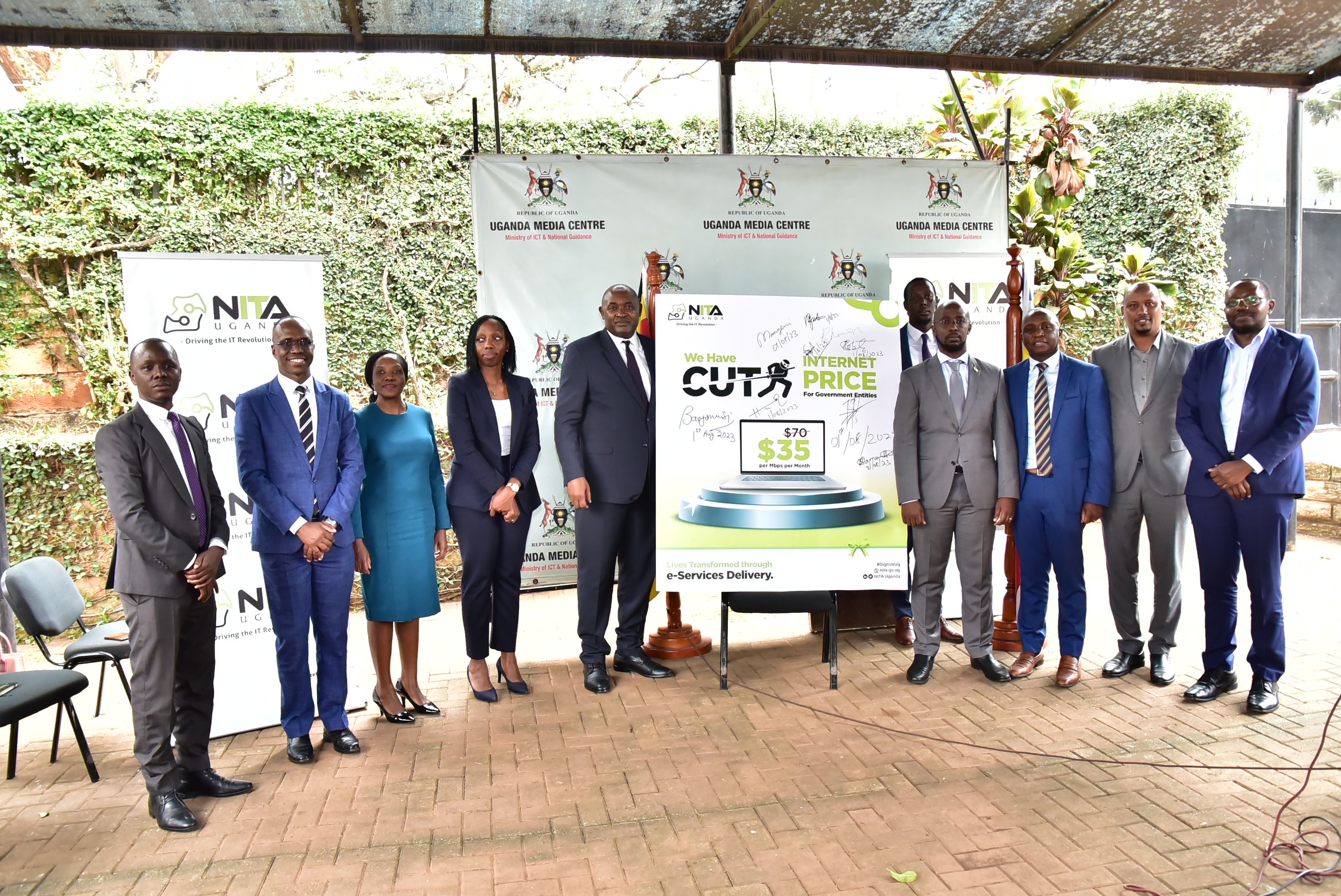 Hon. Chris Baryomunsi (Minister of ICT & NG) , Dr. Hatwib Mugasa and  NITA-U EXCO members at media after <br/>the launch of internet price reduction.