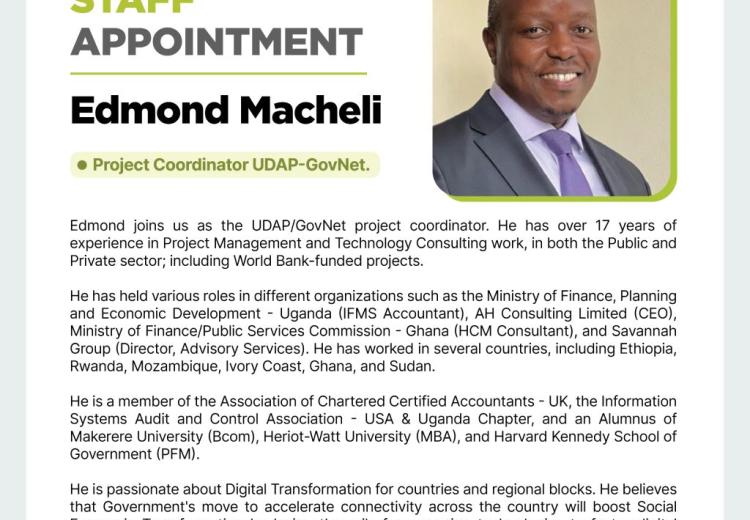 NITA-U appoints Edmond Macheli as project coordinator of Uganda Digital Acceleration Program (UDAP)